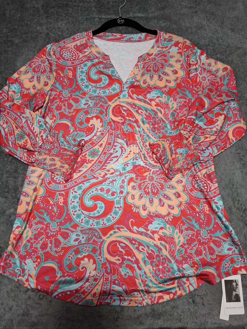 LOMON Paisley Multicolor V-Neck Tunic Top Smocked 3/4 Sleeves Soft Casual Sz M - Picture 10 of 15